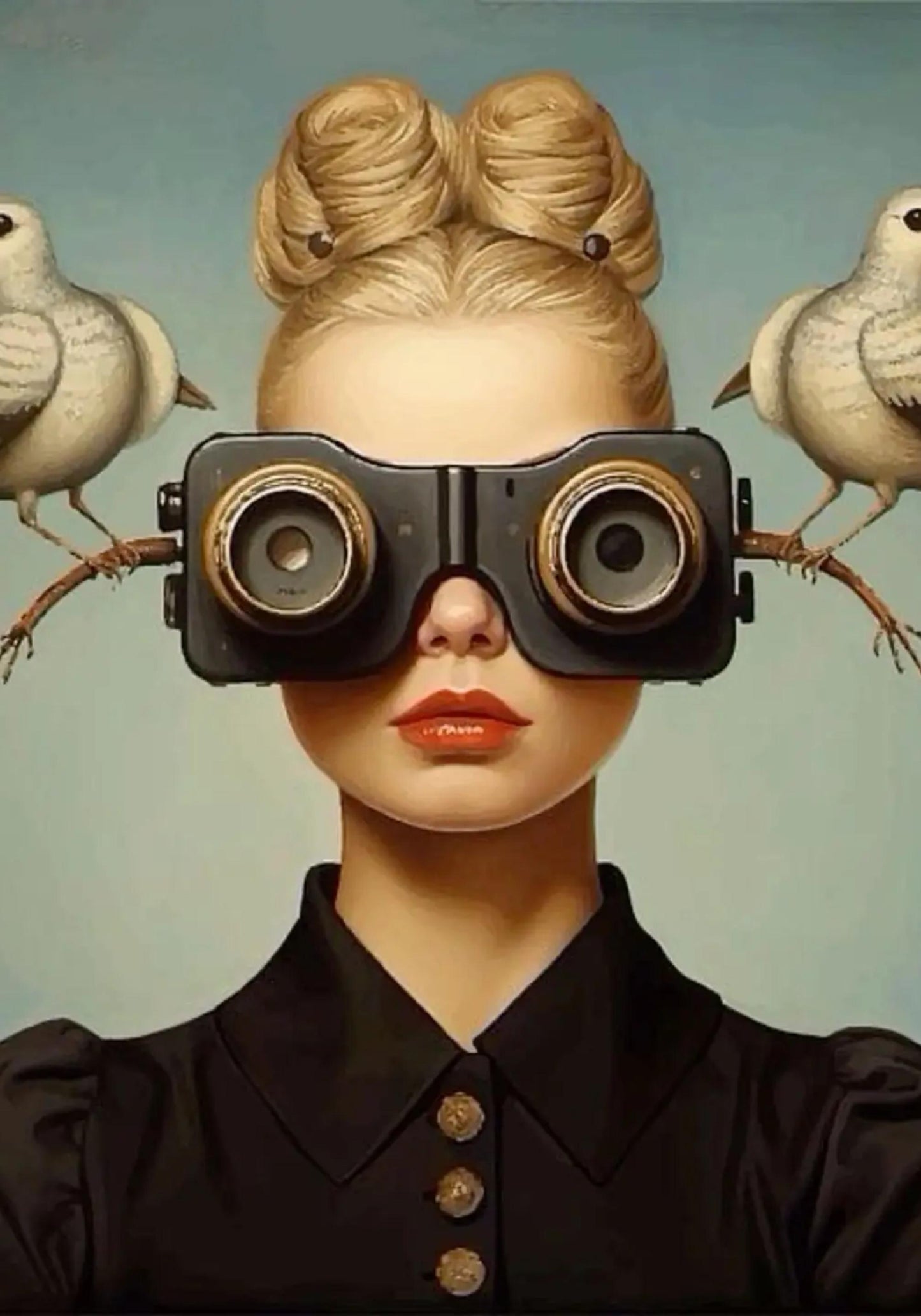 Floral Girl Poster | Avian Observer Design | Woman with Ornate Binoculars and Serene Doves on Branches