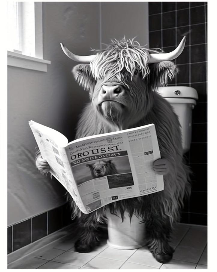 Highland Cow | Reading Newspaper On Toilet | Humorous Bathroom Wall Art | Poster | Funny Animal Decor | Farmhouse Style | Unique Gift Idea