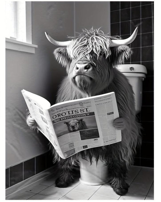 Highland Cow | Reading Newspaper On Toilet | Humorous Bathroom Wall Art | Poster | Funny Animal Decor | Farmhouse Style | Unique Gift Idea