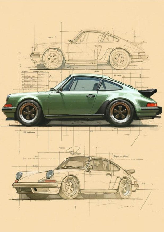 Porsche 911 Blueprint | Vintage Car Poster | Classic Sports Car Art | Wall Decor for Home & Garage | Rendering Blueprint Design