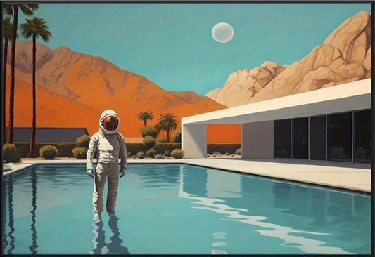 Vintage Abstract Pool Mansion | Astronaut Theme | Modern Art Poster for Home Decor | Unique Wall Decor | Space Exploration