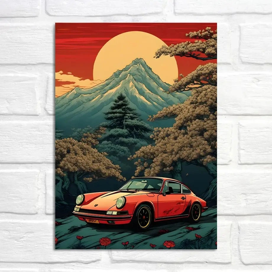 Porsche 911 | Majestic Sunrise over Mount Fuji | Scenic Roadtrip Art | Eastern Serenity Automotive Poster