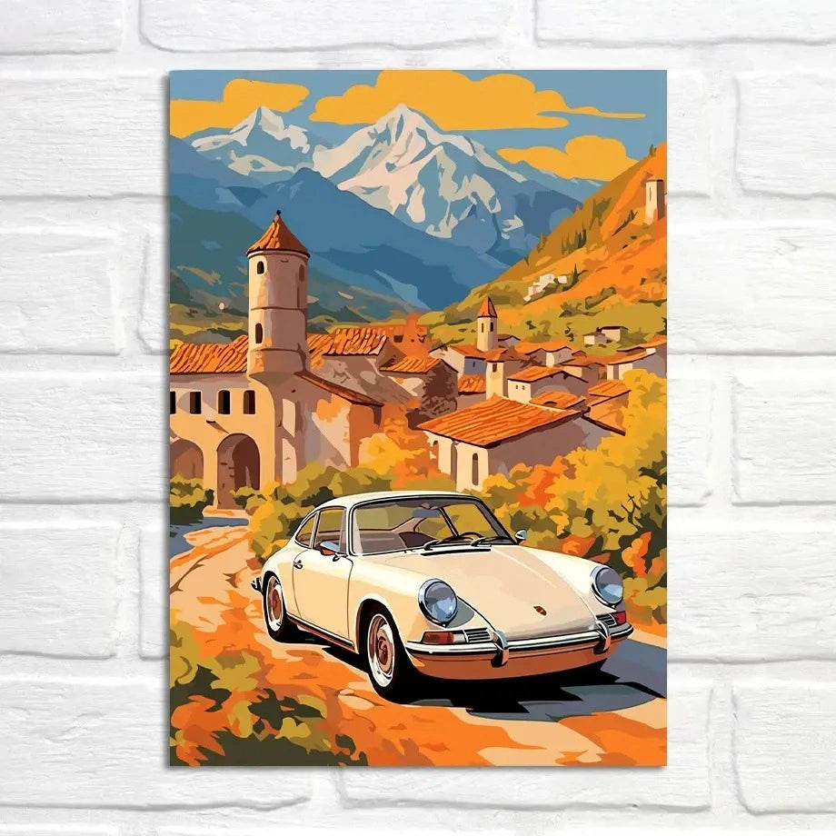 Porsche 911 Poster | Autumn Rustic Charm | Vintage Village Scene | Timeless Journey