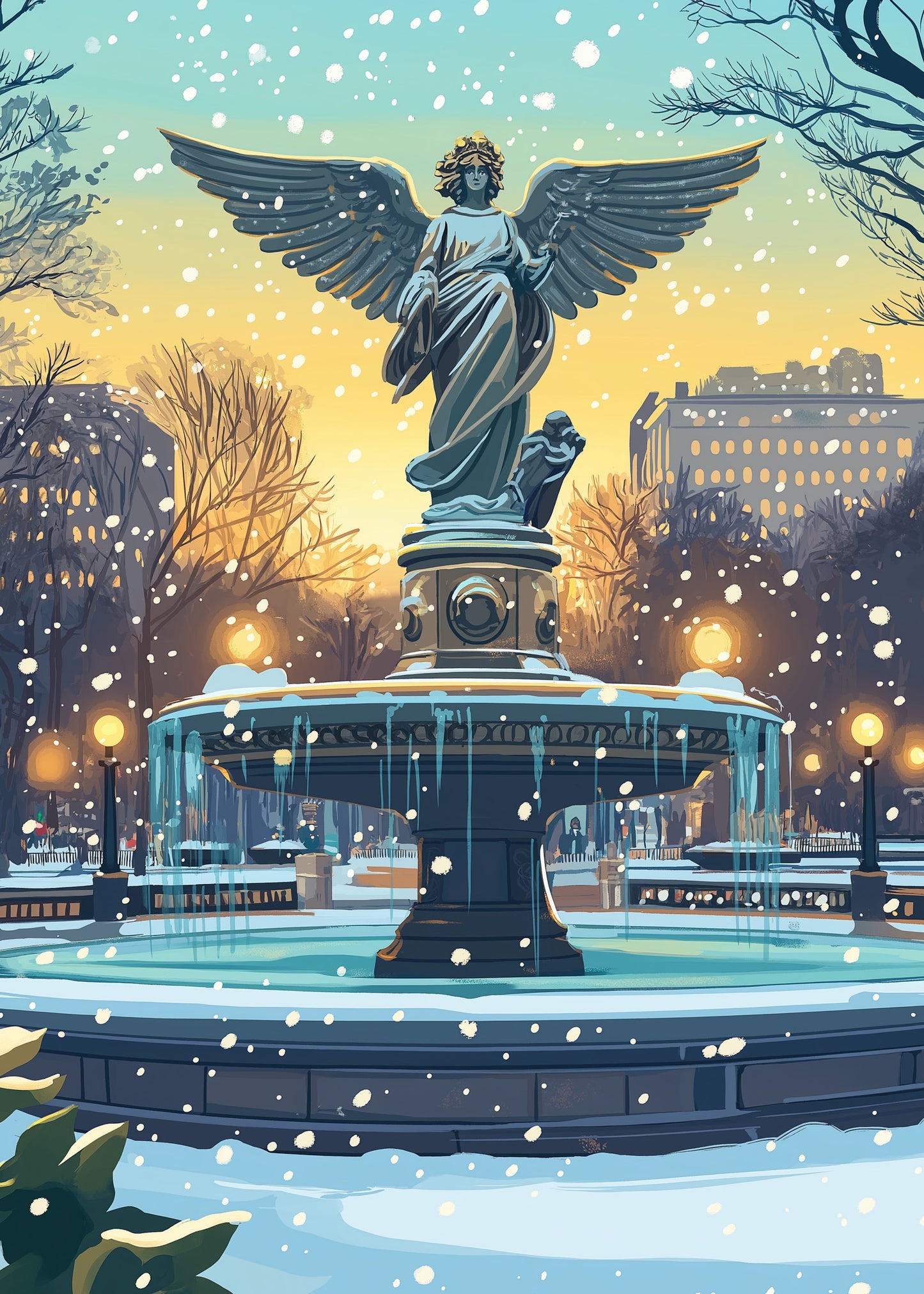 Vibrant Angelic Statue | Snow-Covered Park Scene | Icy Details & Historic Architecture | Winter Wonderland | Serene Snowfall | Golden Twilight Sky | Elegant Art Print Poster for Home Decor | Urban Park Beauty