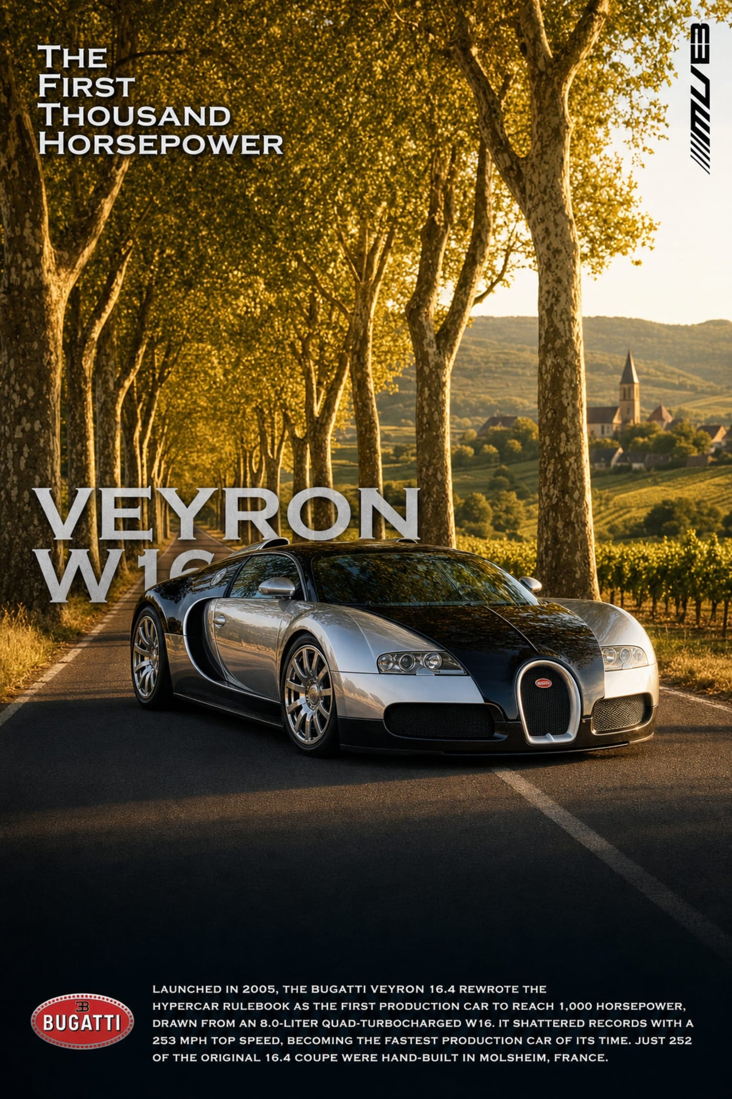 Bugatti Veyron W16 | Iconic Supercar Print | First Production Car with 1000 Horsepower | High Quality Poster for Car Enthusiasts