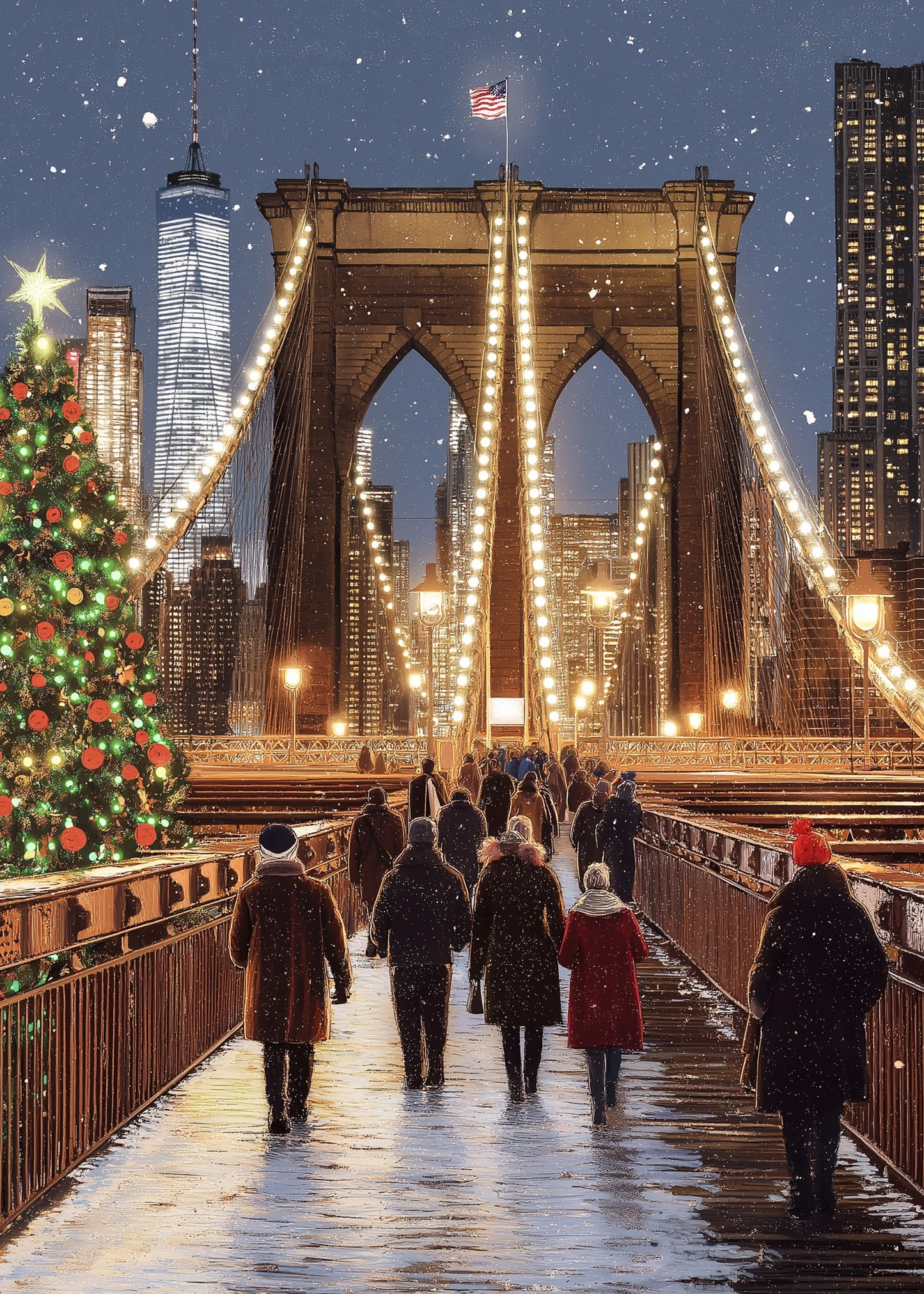 Brooklyn Bridge Festive Night | New York City Skyline | Illuminated Historic Architecture | Christmas Tree Print | Snowfall Poster | Iconic Holiday Atmosphere Art | Winter Coats | American Flag Visual Decor