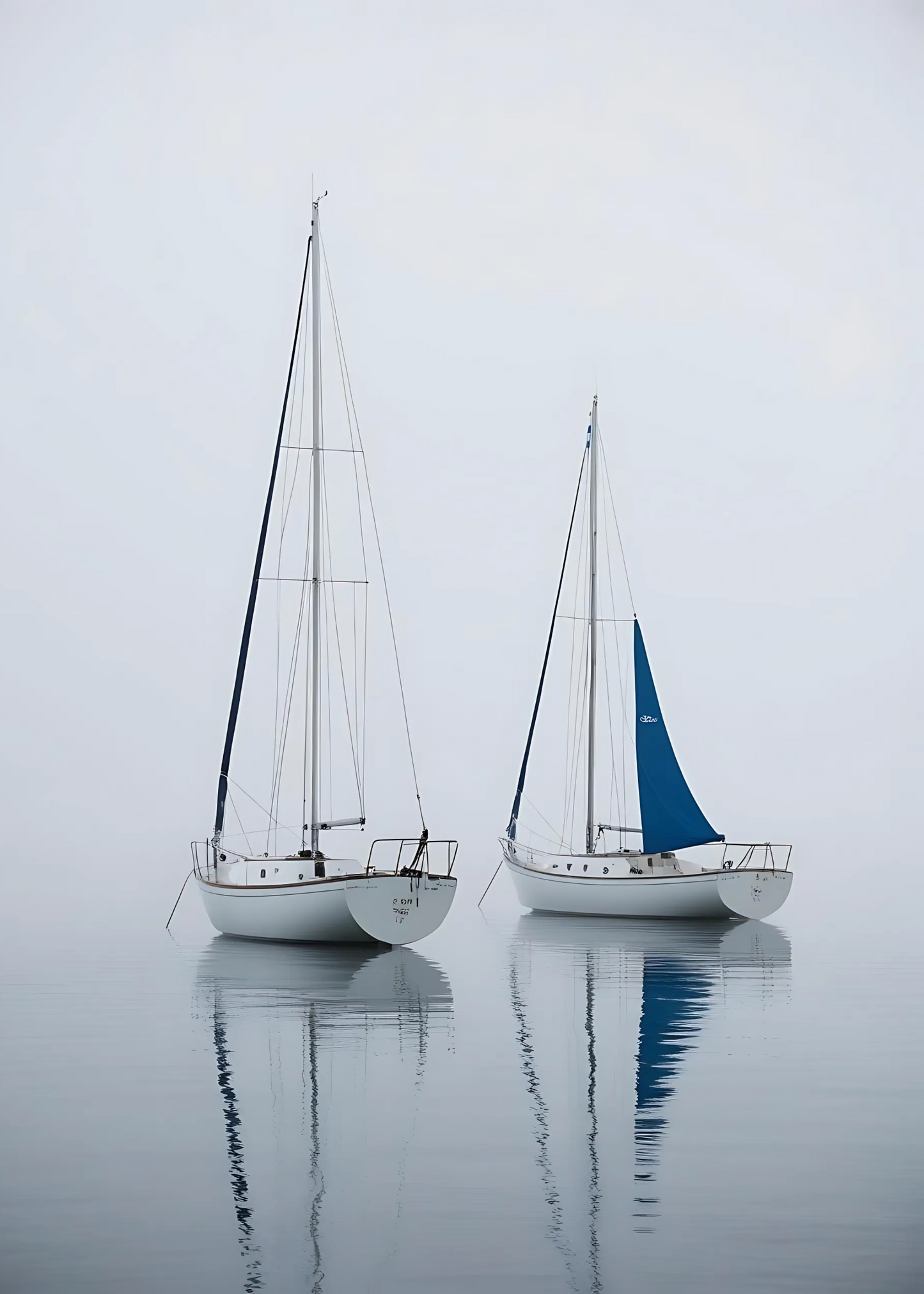 Two Sailing Boats in Fog | Nautical Art Poster | Serene Sea Scene | Portrait Orientation | Home & Garden Decor