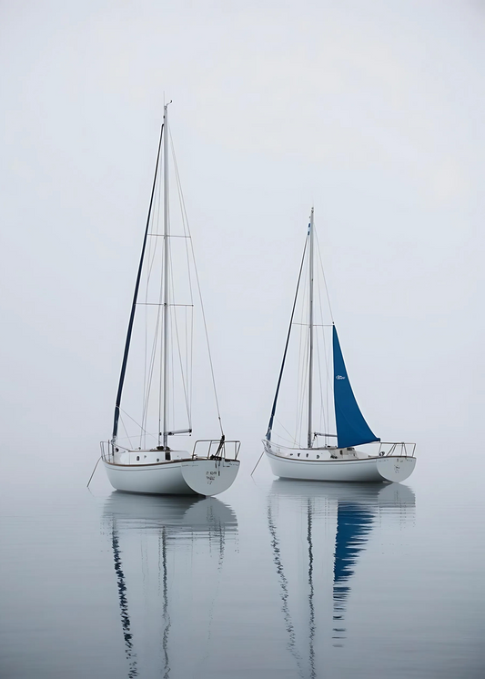 Two Sailing Boats in Fog | Nautical Art Poster | Serene Sea Scene | Portrait Orientation | Home & Garden Decor