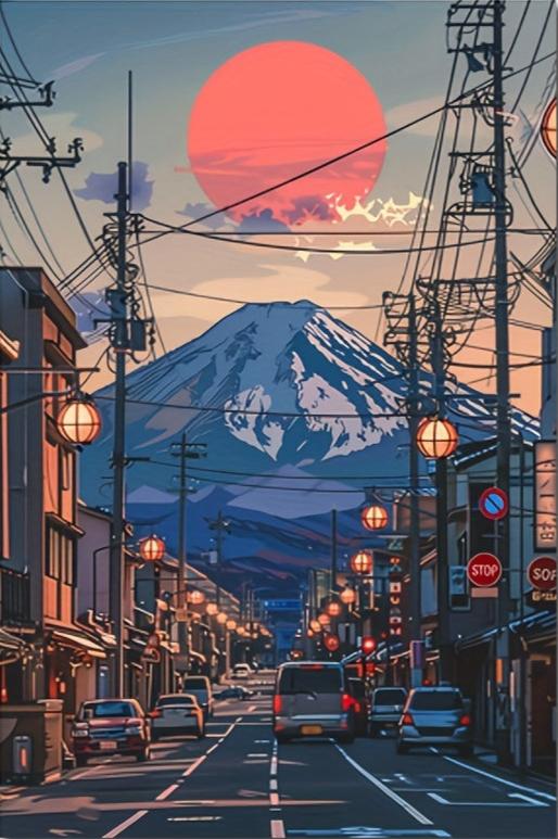Vibrant Sunset at Mount Fuji | Urban Streets of Japan | Decorative Wall Poster | Artwork | Home Decor