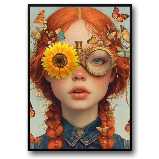 Floral Girl Poster | Butterfly Gaze | Sunflower Adorned Young Girl | Steampunk Lens Effect | Whimsical Home Decor