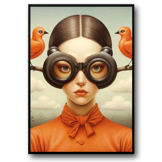 Floral Girl Poster | Birdwatcher's Solitude | Woman in Bird-Themed Goggles | Earthy Tones | Quiet Contemplation | Avian Life Connection | Home Art Decor