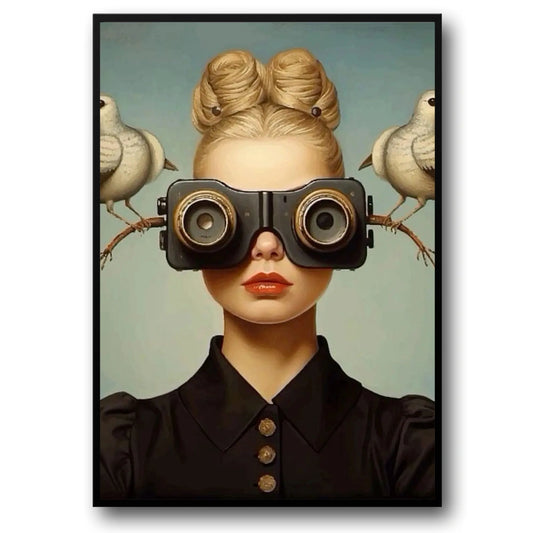 Floral Girl Poster | Avian Observer Design | Woman with Ornate Binoculars and Serene Doves on Branches