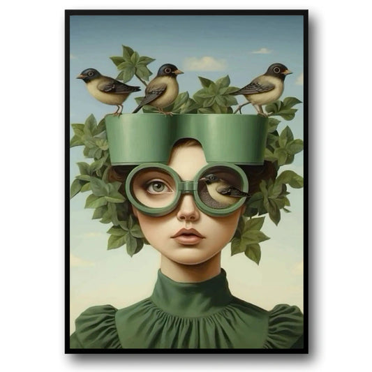 Floral Girl Poster | Botanical Hat & Birds | Greenhouse Gaze | Symbol of Growth & Serenity | Nature Coexistence