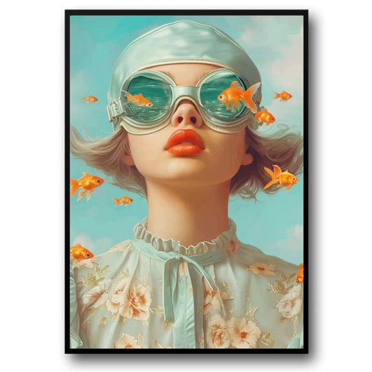 Floral Girl Poster | Aquatic Daydream | Woman with Goldfish | Serene Aquamarine Ambiance | Home Decor Artwork