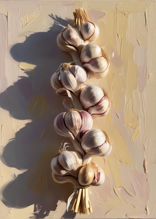 Braided Garlic Artwork Poster | Vegetables Print | Home Decor Wall Art | Kitchen Decoration | Rustic Garlic String | Culinary Themed Visual Artwork