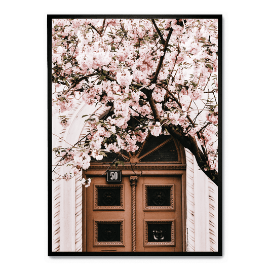 Poster | Door with Pink Flowers | Artistic Decor for Home & Garden | Floral Print Wall Art