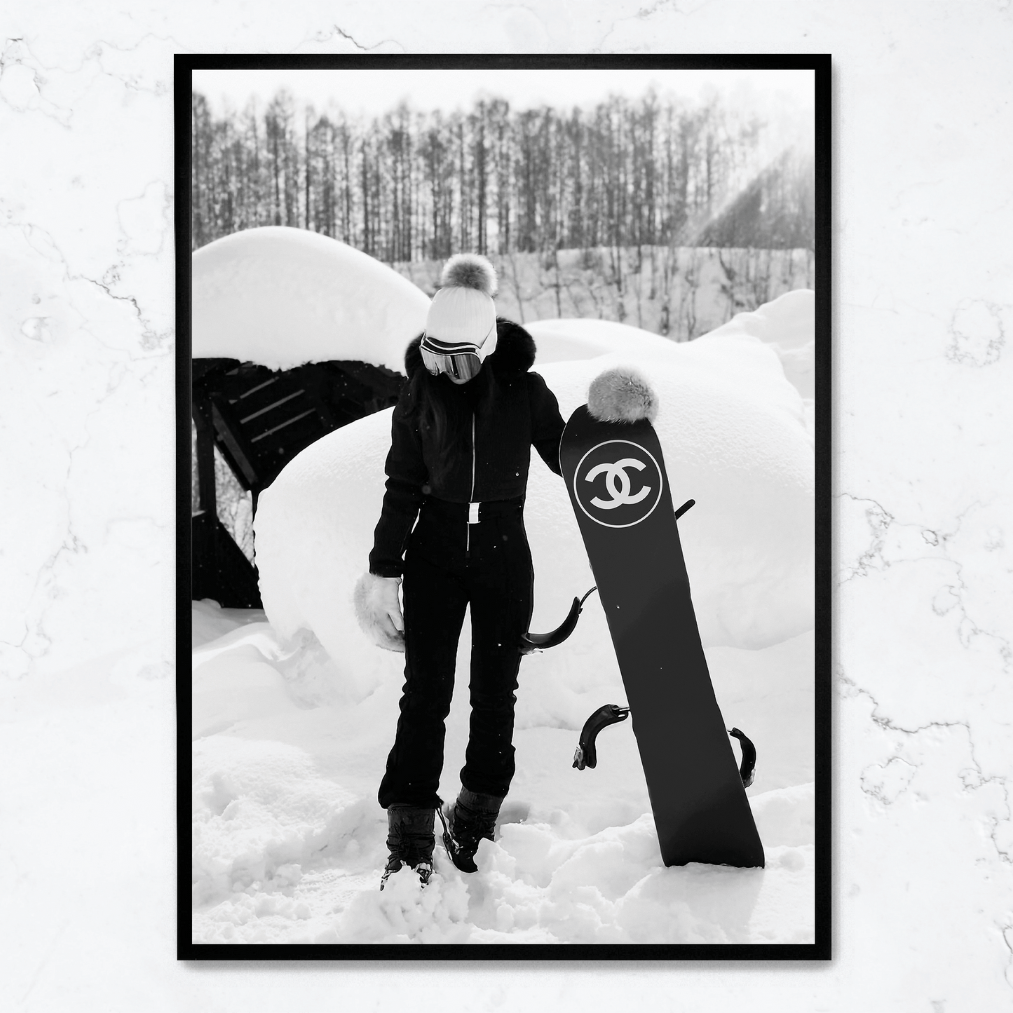 Chanel Snowboard Enthusiast Poster | Fashionable Girl Illustration | Winter Sports Decor | Wall Art for Modern Interiors | Luxury Brand Poster
