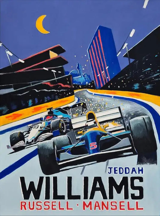 Jeddah Racing Scene Poster | Russell & Mansell | Williams F1 Art | Formula 1 Heritage