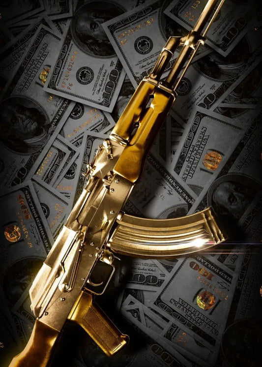 Golden AK-47 Money Poster  Luxury and Wealth Wall Art Decor | Home Decor | Decoration Poster
