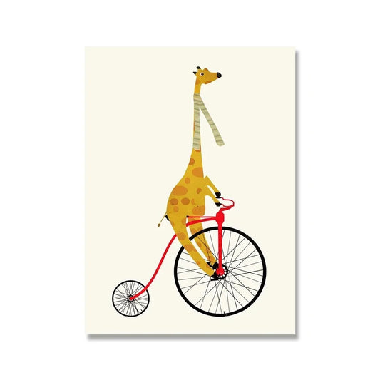 Giraffe's Solo Cycle Poster | Whimsical Wheels Artwork | Joyful Animated Adventures Decor