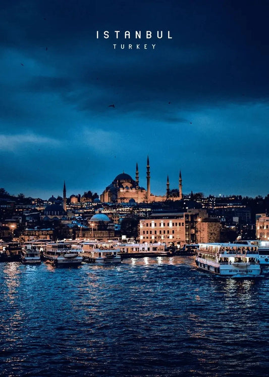 Sultan Ahmed Mosque at Night | Illuminated Blue Mosque Poster | Nighttime Splendor in Istanbul Artwork | Historic Constantinople Scene