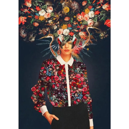 Vintage Floral Burst Poster | Blossoms of the Mind | Woman with Flower Head Design | Garden Color Explosion Artwork