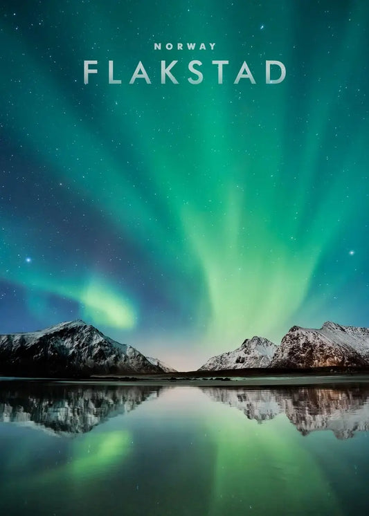 Northern Lights Reflection Poster | Flakstad Norway | Captivating Aurora Borealis Display | Scenic Norwegian Landscape