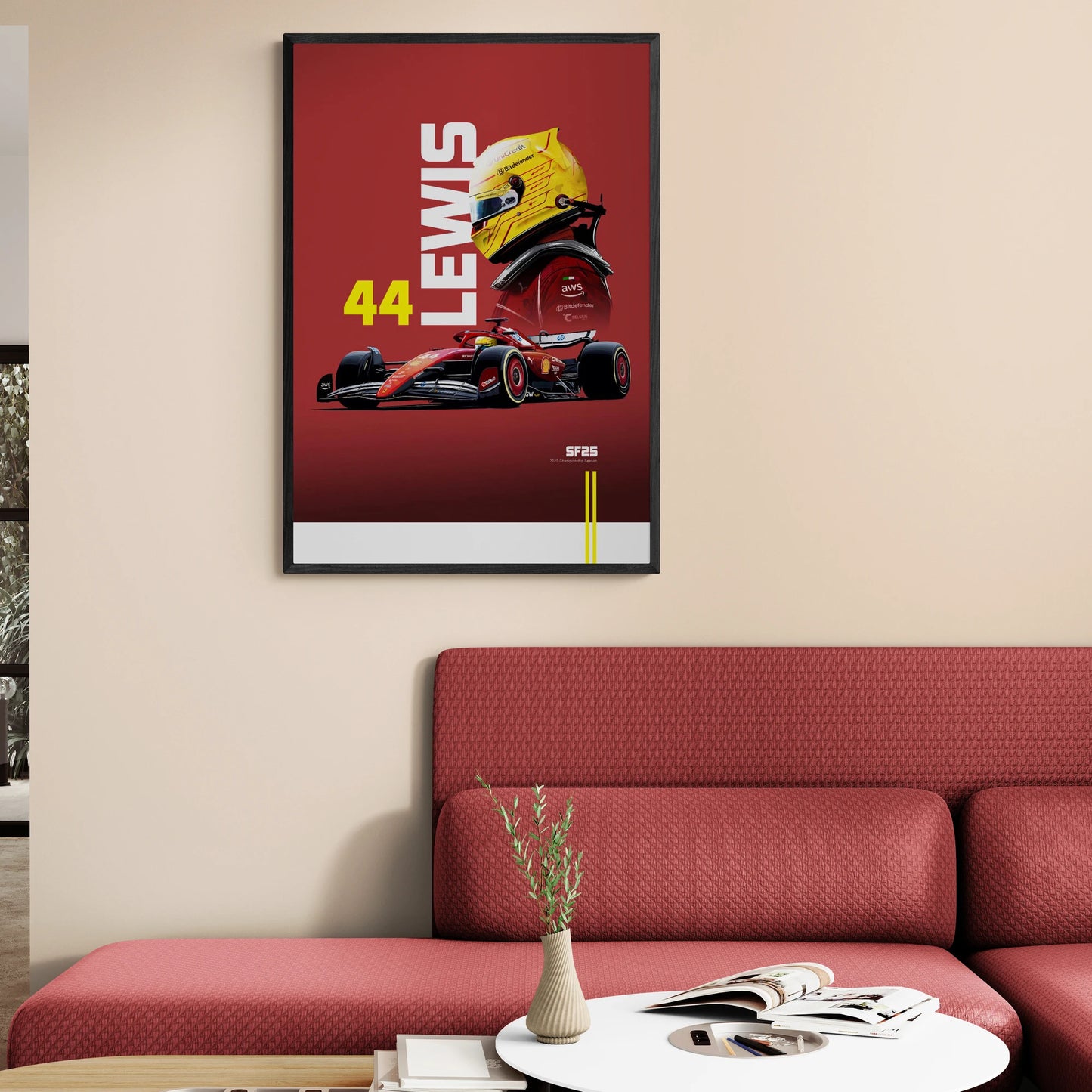 2025 Season Lewis Hamilton Formula 1 Racing Poster | SF25 Championship Car with Iconic Yellow Helmet | Red Collector's Edition