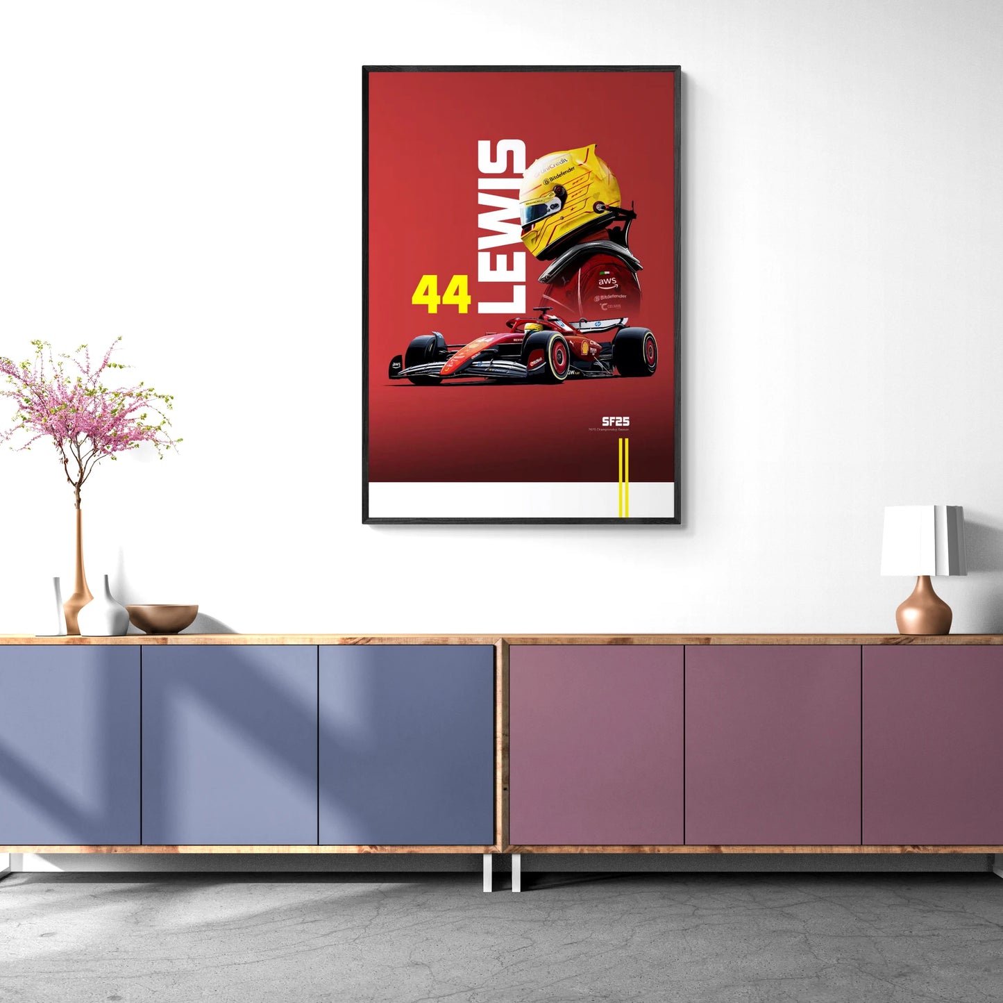 2025 Season Lewis Hamilton Formula 1 Racing Poster | SF25 Championship Car with Iconic Yellow Helmet | Red Collector's Edition