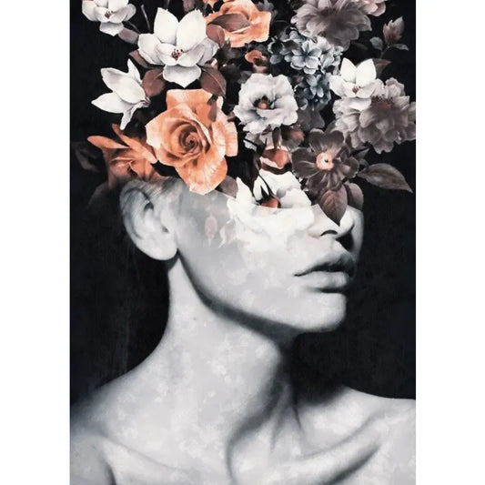 Vintage Flower Heads Poster | Blossoms of the Mind | Shadowed Blooms | Dark Floral Woman Embrace Wall Art | Artistic Flower Decor