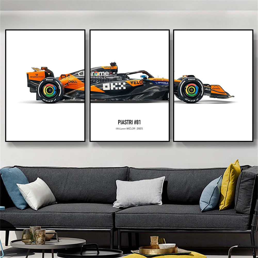 3-Piece | Oscar Piastri McLaren MCL39 2025 Season | Triple Panel Formula 1 Racing Car Poster | Vibrant Full-Car Profile Displays | Collector's Edition Artwork