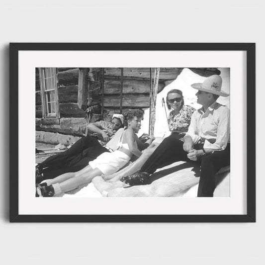 Vintage Ski Lodge Art Poster | Couples Relaxing in Sun | Cozy Retreats at Ski Resort