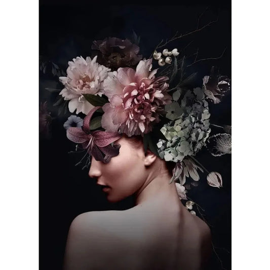 Poster | Vintage Flower Heads Artwork | Floral Woman in Midnight Garden | Ephemeral Beauty Wall Decor