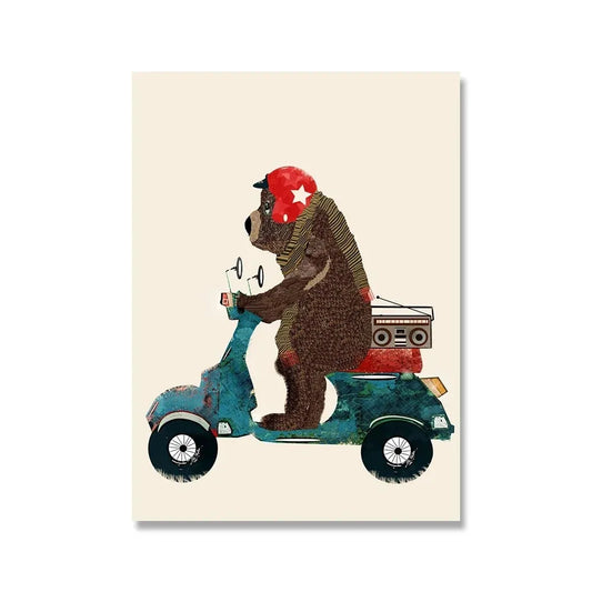 Bear's Scooter Serenade Poster | Whimsical Animal Art | Playful Backdrop for Kids Room Decor | Vibrant Animated Illustration