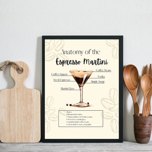 Espresso Martini Recipe Art | Decorative Kitchen Wall Poster | Guide to Crafting the Perfect Cocktail | Elegant Bar Decor