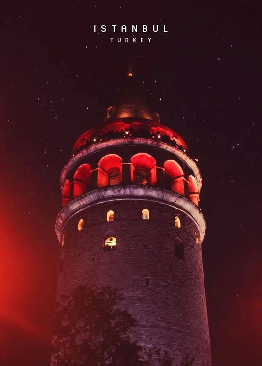Galata Tower Illuminated Poster | Nighttime Glow in Istanbul | Captivating Constantinople | Iconic Turkish Landmark Scene
