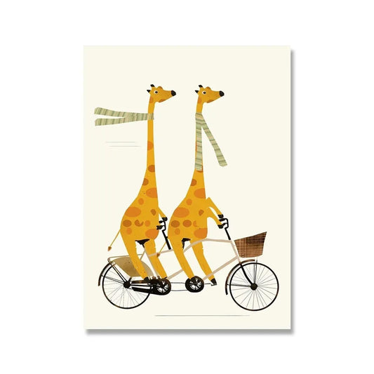 Whimsical Wheels Giraffe Tandem Tour Poster | Joyful Animated Adventures | Home Decor Artwork
