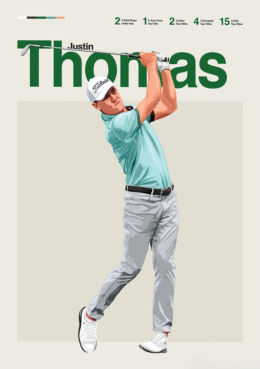 Justin Thomas Golf Legend Poster | Dynamic Art | Celebrating Iconic Players' Skill, Passion & Legacy | Home Decor