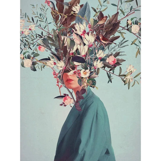 Vintage Floral Woman Poster | Blossoms of the Mind | Serenity in Bloom with Avian Whispers | Decorative Wall Art