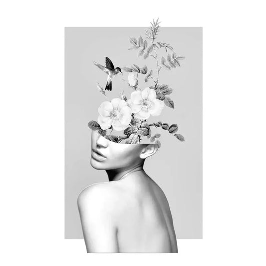 Vintage Floral Poster | Blossoms of the Mind | Monochrome Harmony with Birds and Blooms | Artistic Woman Design