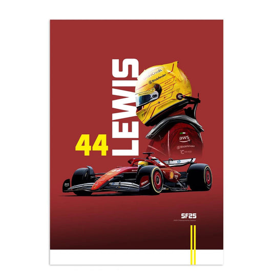 2025 Season Lewis Hamilton Formula 1 Racing Poster | SF25 Championship Car with Iconic Yellow Helmet | Red Collector's Edition