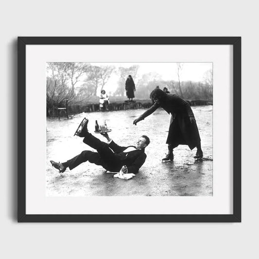 Man Falling on Ice | Woman Laughing | Humorous Ice Skating Mishaps | Vintage Winter Sports Poster | Home Decor