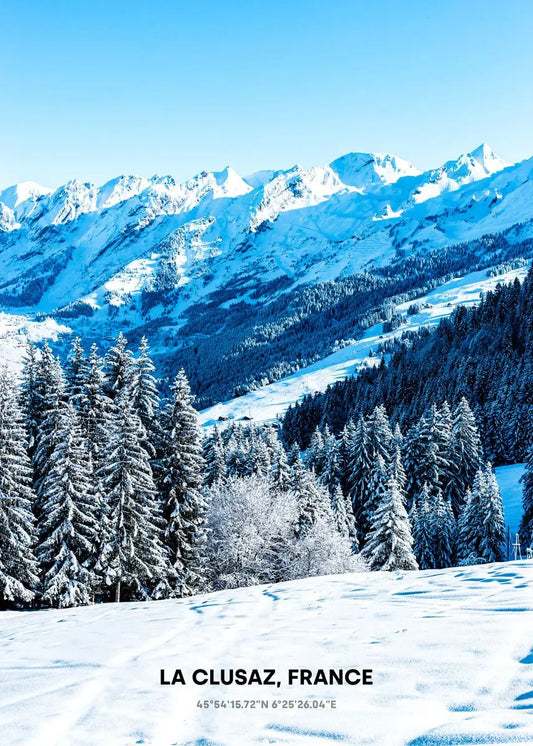 Sunlit Snowy Peaks Poster | La Clusaz | France | Winter Wonderland Artwork | Scenic Mountain View | Home Decor