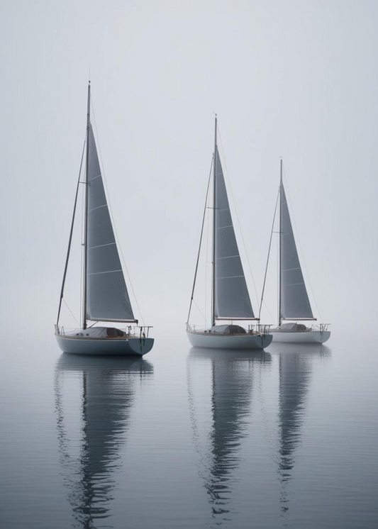 Three Sailing Boats Poster | Nautical Wall Art | Ocean Theme | Decorative Artwork for Home Decor | Portrait Style | High-Quality Print