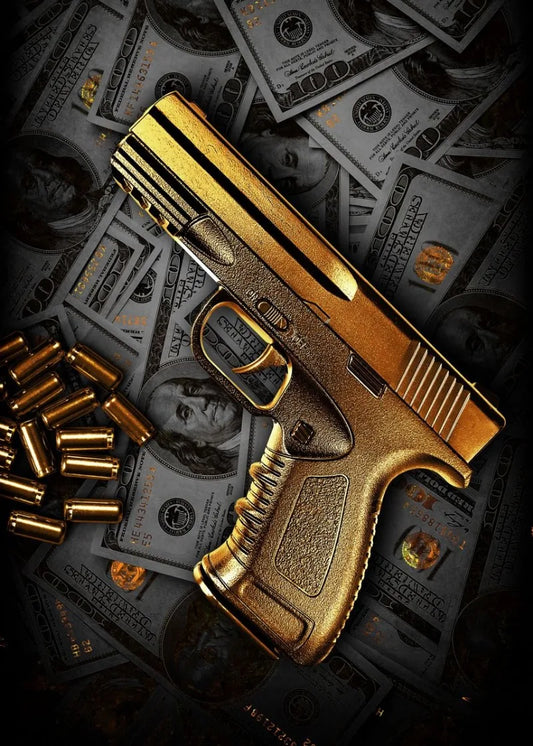 Golden Gun Poster  Luxury Money and Weapon Art Print | Home Decor | Decoration Poster