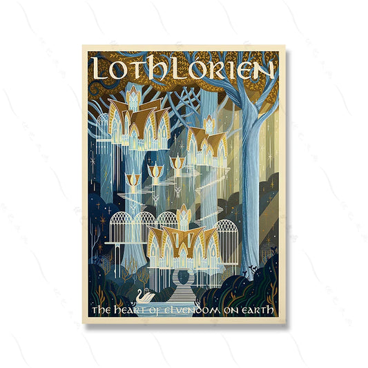 Lothlorien, The Golden Wood: Captivating Fantasy Realm Poster  Ideal for Fans of Enchanted Forests and Ethereal Architecture