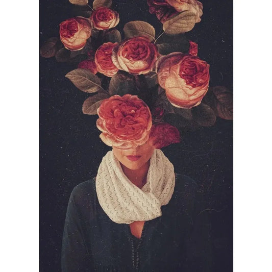 Vintage Floral Poster | Woman with Blossoms | Winter Rose in Cool Floral Shadows | Decorative Art for Home & Garden | Wall Decor