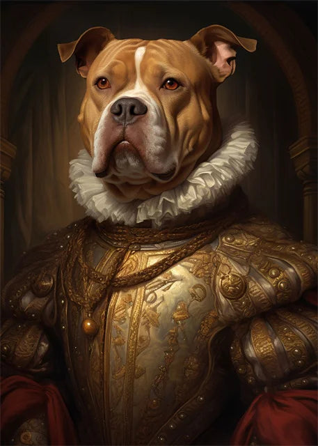 Guardian of the Realm Poster | Pitbull in Golden Armor | Regal Dog Artwork for Home Decor