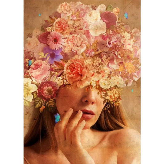 Vintage Flower Heads Poster | Blossoms of the Mind Art | Floral Woman Illustration | Dance of Blossoms and Shadows Wall Art Decor