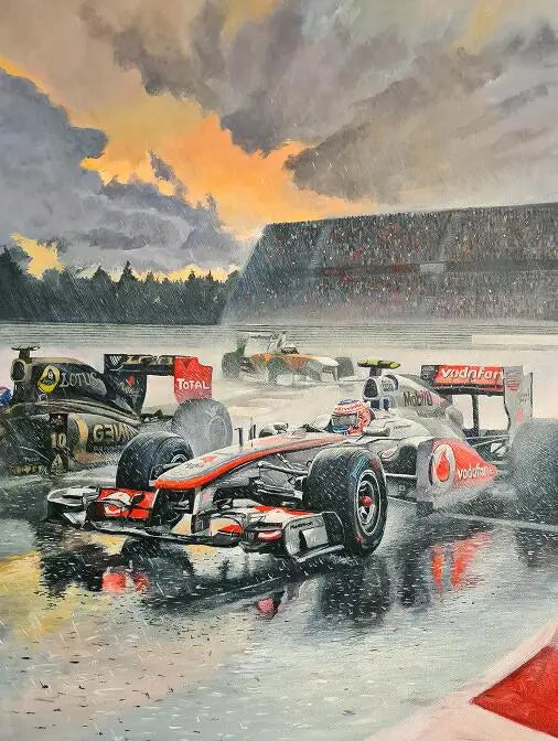 Poster | Rainy Race Scene | McLaren and Lotus Cars | Formula 1 Racing Action | Vodafone Team